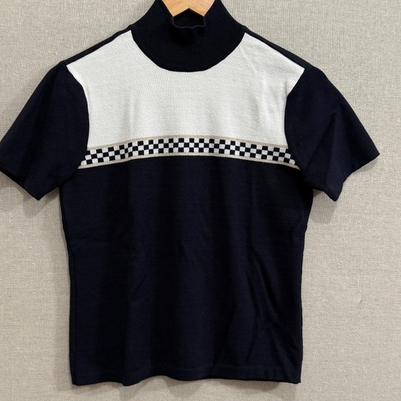 Emma James Checkered Flag Sweater Mockneck Short Sleeve Small - Picture 1 of 6